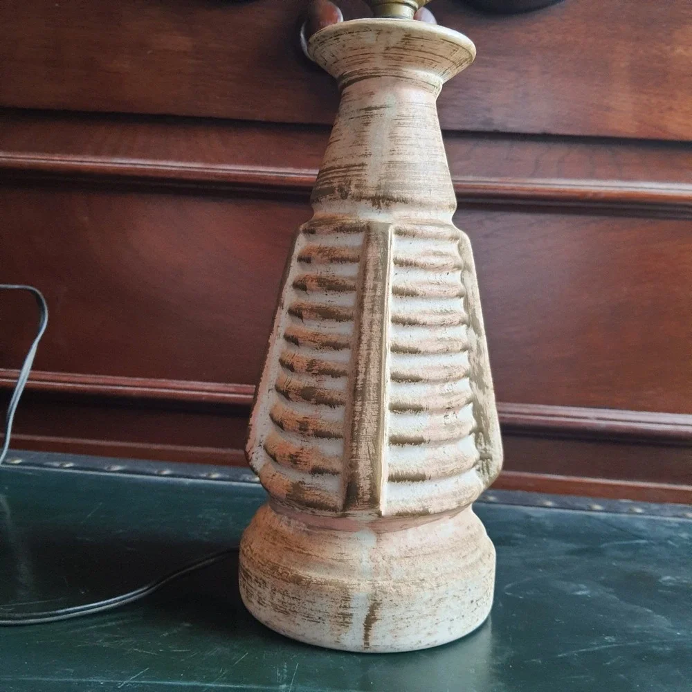 Vintage 1950s Table Lamp Painted Cream Brown Brushed Electric Egyptian Revival